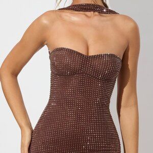Oh Polly Embellished Low Back Neck Strap Mini Dress in Espresso 6